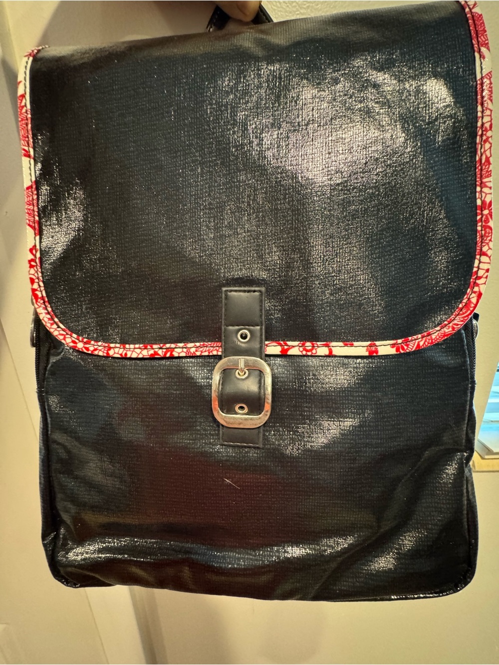 NWOT Fleebags Coated Oilcloth Backpack Red Lace Floral Trim
